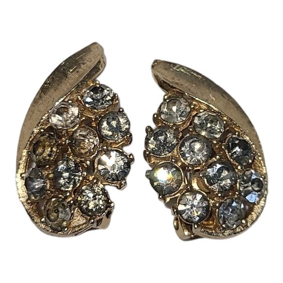 Vintage Mode ART Arthur Pepper Matte Gold Gray Rhinestones Clip on Earrings - Picture 5 of 8